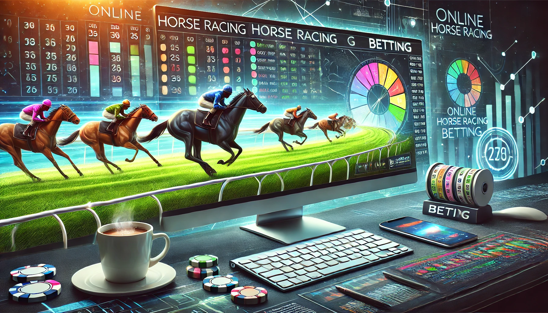 Dall·e 2024 11 22 17.15.50 A Sleek And Modern Illustration Of Online Horse Racing Betting, Featuring A Computer Screen Displaying A Vibrant Horse Race Track With Betting Options